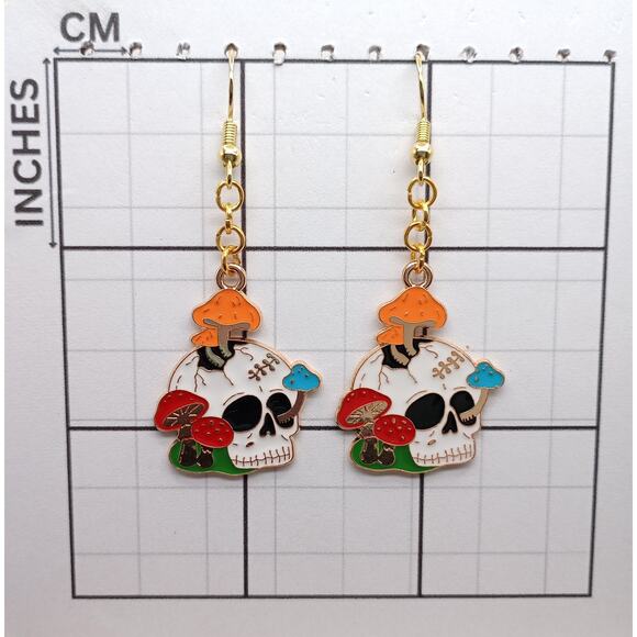Skull & Mushroom Dangle Earrings | Witchy Gothic Halloween Jewelry - Picture 3 of 4